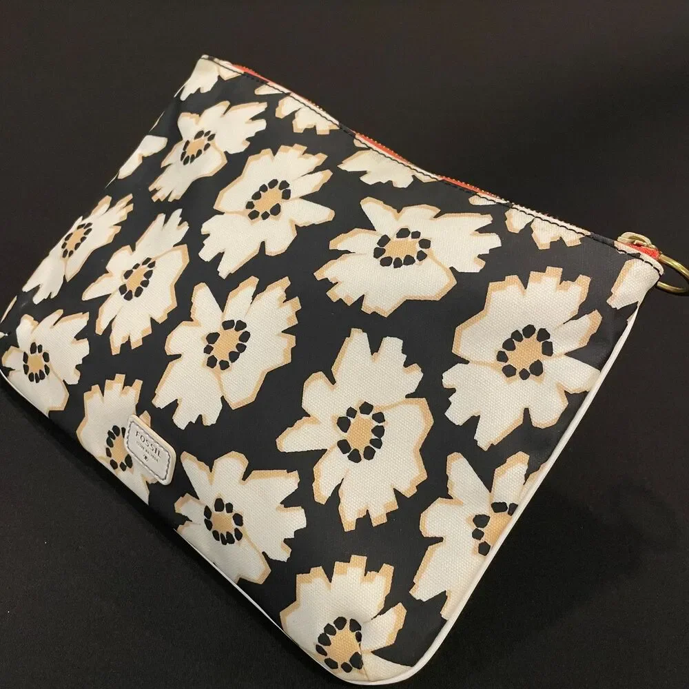 ~ Rare FOSSIL Bag Zip Clutch Daisy Floral Makeup Cosmetics Mod Pattern Pouch
